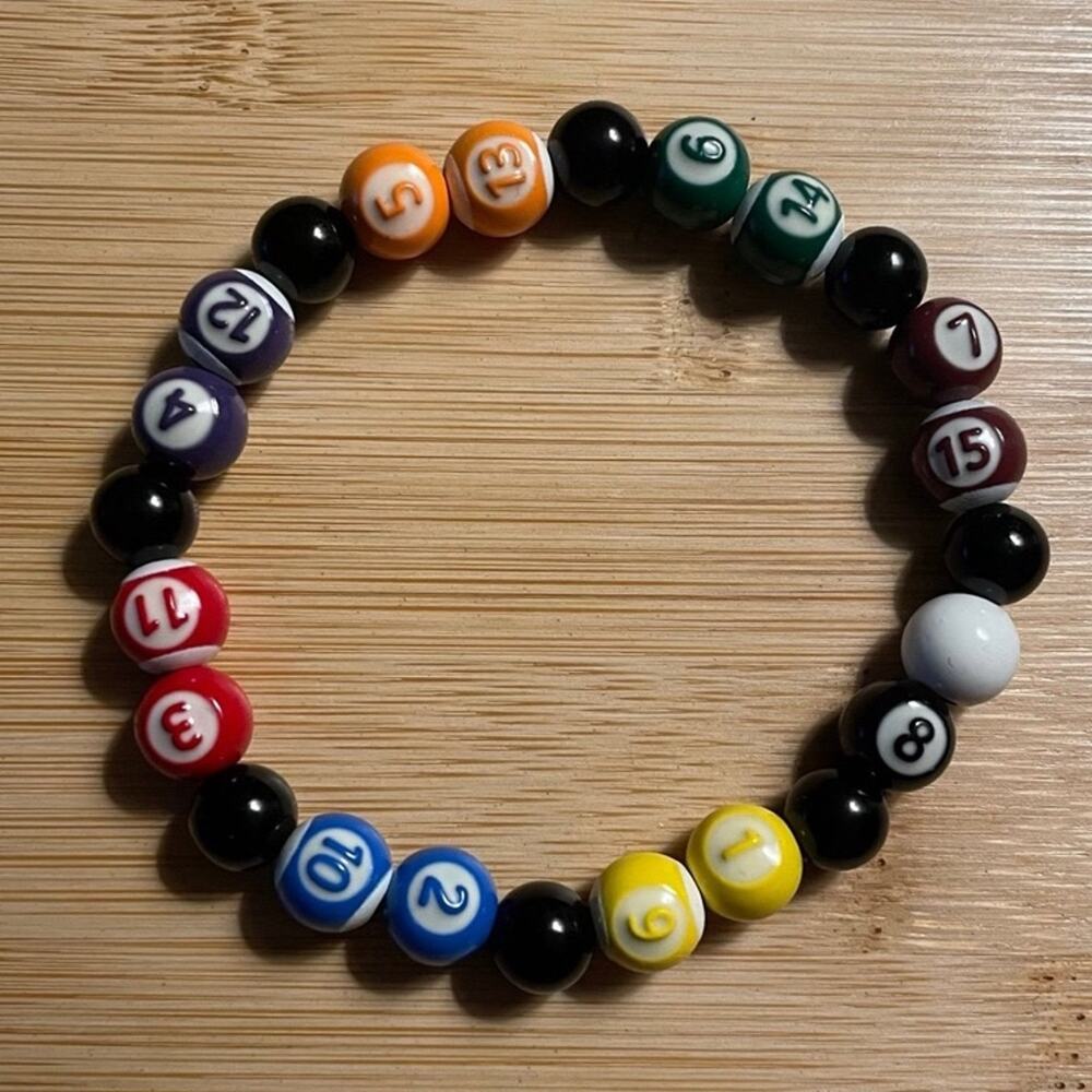 Eight Ball Billiards Pool Player Metal Number Beads & Onyx Beaded Bracelet 7.5”